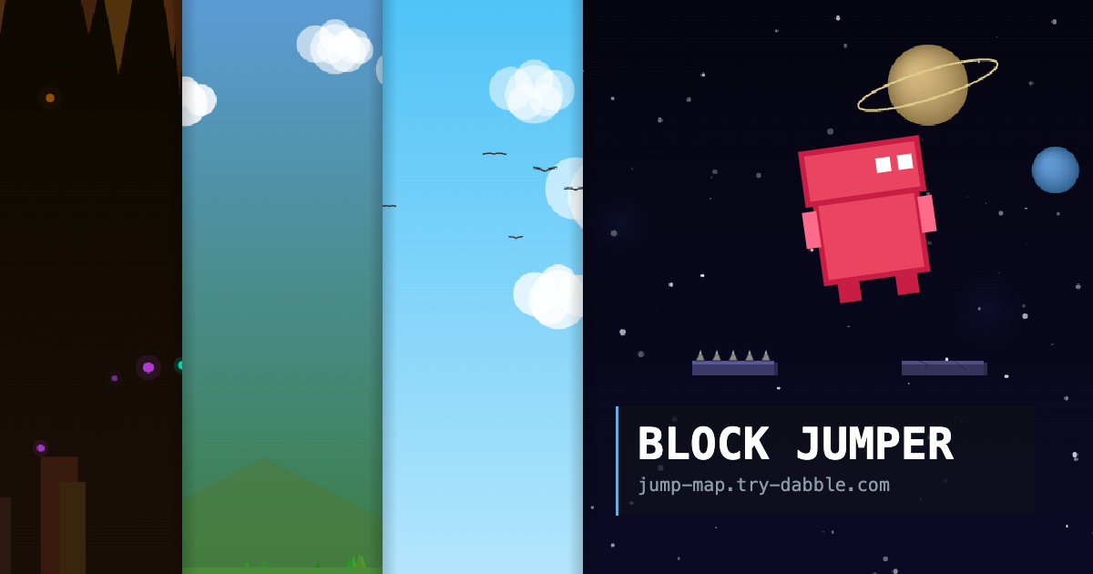 Block Jumper - A side-scrolling platformer where you jump across blocks — 4 themes (underground/ground/sky/space) with fall-recovery mechanic